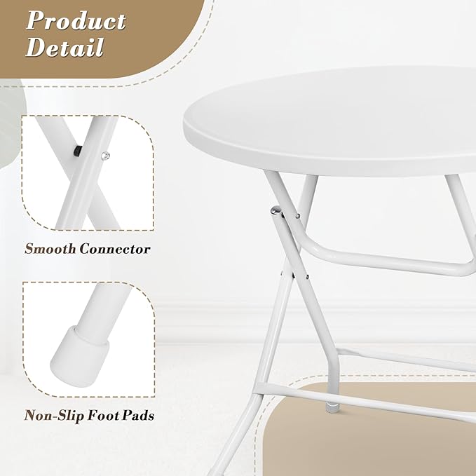 Athena Collection 2.6ft Plastic Folding Dining Table, Portable Round Card Table with Steel Legs for Indoor Outdoor, Foldable Heavy Duty for Camping Party, White-NeatNest
