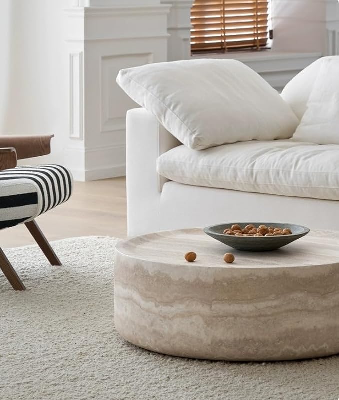 Marble Coffee Table, Modern Round Coffee Table, Circle Drum Coffee Tables, Fiberglass Center End Table for Living Room Apartment Office, No Assembly (35.43" Faux Marble)