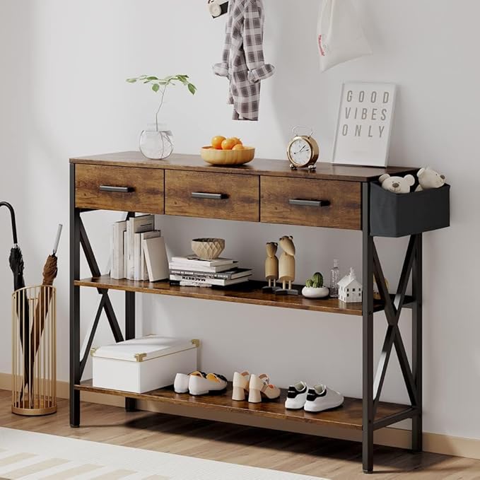 Gizoon 47" Entryway Table with 3 Drawers and 3 Tier Storage Shelves, Industrial Narrow Long Sofa Table, Farmhouse Style Console Table for Living Room, Hallway, Couch, Small Spaces - Rustic Brown-NeatNest