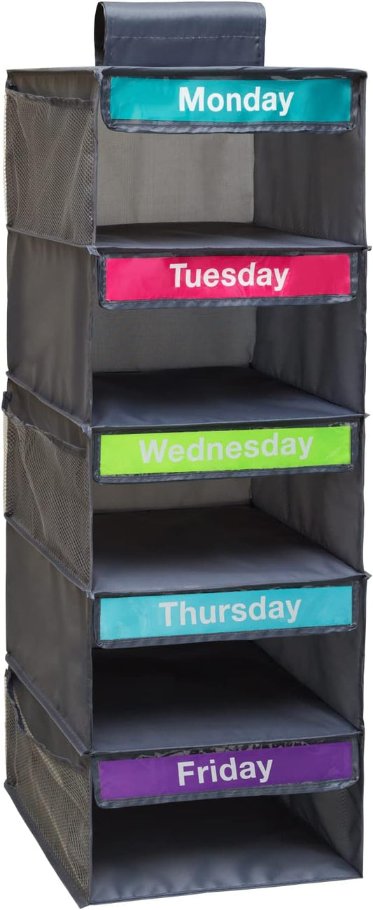 5-Shelf Weekly Clothes Organizer for Kids, Kids Daily Shelf Hanging Closet Organizer with 6 Side Pockets, Days of The Week Hanging Storage Shelves, Grey-NeatNest