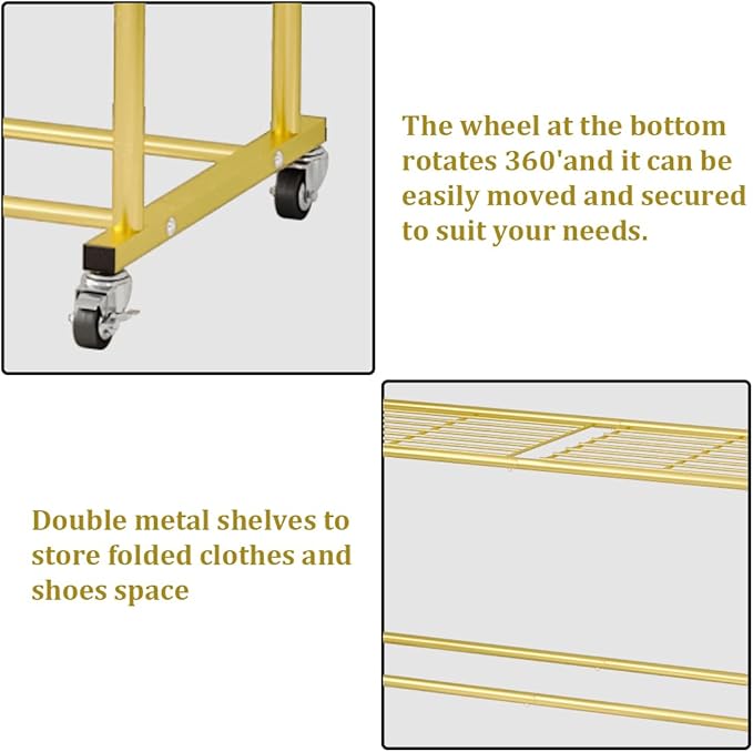 Clothes Rack with Wheels Garment Rack for Hanging Heavy-Duty Clothing Rack Metal Rolling Clothes Shelves for Bedroom, Closet (Golden)-NeatNest