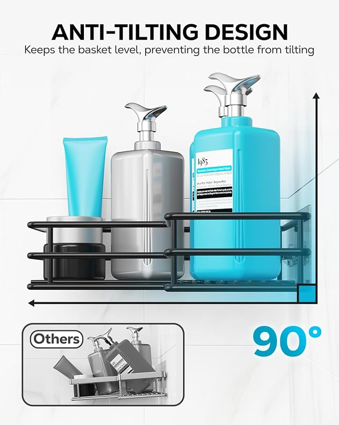 Nieifi Adhesive Corner Shower Caddy Shelf Basket Rack with Hooks, Rust Proof Stainless Steel Bathroom Shelf Shampoo Holder No Drilling (Black)