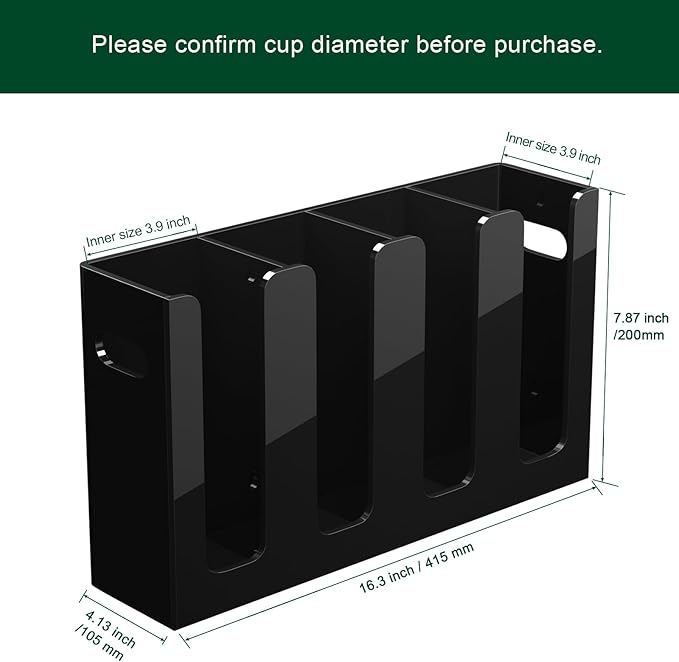 Disposable Coffee Cup Dispenser with Handles, Countertop or Wall Mount Hot/Cold Drink Cup and Lid Holder - Bathroom/Kitchen/Office Acrylic Cup Lid Storage Organizer (4 Compartments, Black)-NeatNest