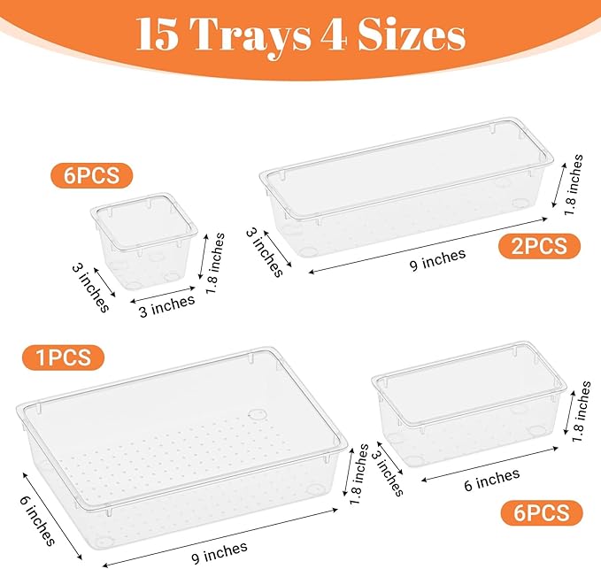 15 PCS Clear Plastic Drawer Organizer Set, 4-Size Acrylic Drawer Storage Trays, Storage Bins for Makeup, Gadgets, and Jewelry in Bathroom, Bedroom and Office, Clear-NeatNest