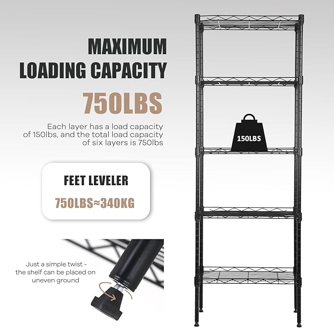 5-Tier Metal Shelving Unit Storage Shelves Metal Shelves 48"x17"x12" Heavy Duty Metal Storage Rack Wire Rack NSF Height Adjustable for Home Kitchen Bathroom Garage Shelving(Black)