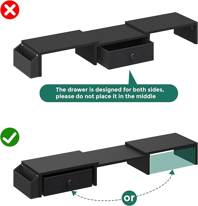 Dual Monitor Stand Riser, Adjustable Length & Swivel Angle Monitor Stand, Ergonomic Monitor Stand with Drawer & Side Pockets, Desktop Organizer and Office Desk Accessories, Black