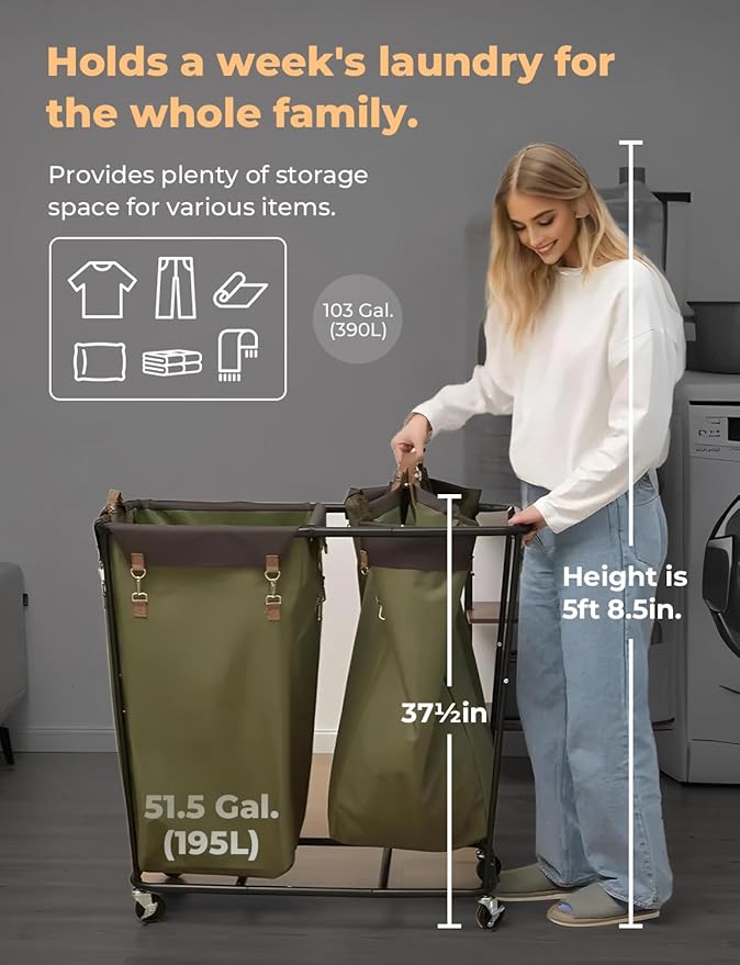 StorageWorks 390L Extra Large Lanudry Hamper with Wheels, 2 Sections Laundry Basket with Wheels, Clothes Sorter Cart with Divider for Hotel, Home, Green, 37.75"L x 17"W x 37.5"H