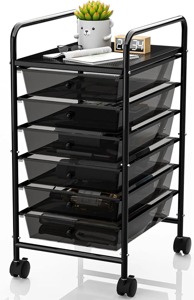 Rolling Cart with Drawers, 6-Tier Rolling Storage Cart with Drawers, Rolling Utility Cart with 6 Drawers with 2 Lockable Caster Wheels for Office Bathroom Kitchen, Transparent Black