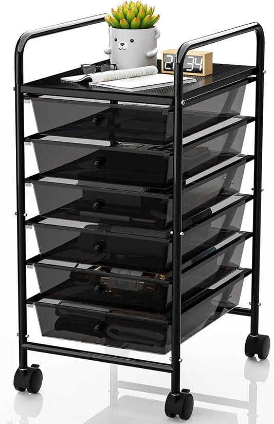 Rolling Cart with Drawers, 6-Tier Rolling Storage Cart with Drawers, Rolling Utility Cart with 6 Drawers with 2 Lockable Caster Wheels for Office Bathroom Kitchen, Transparent Black