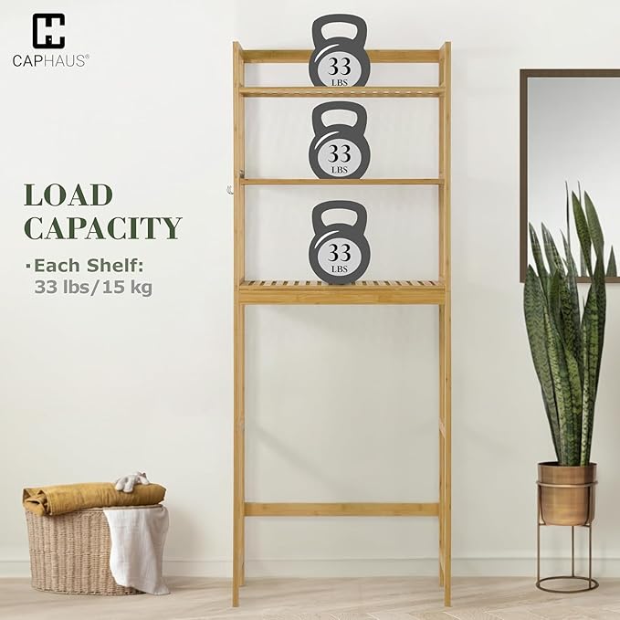 CAPHAUS Over The Toilet Storage Shelf,3-Tier Over-The-Toilet Shelf Rack with Adjustable Feet & Hooks, Freestanding Bamboo Toilet Shelf, Bathroom & Laundry Organizer, Balcony Plant Stand, Black-NeatNest