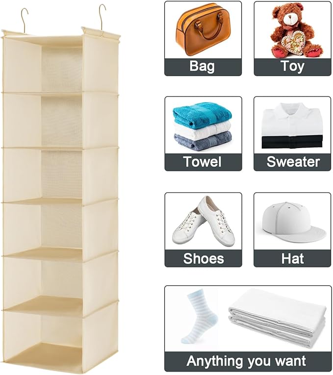 MAX Houser 6 Tier Shelf Hanging Closet Organizer, Cloth Hanging Shelf with 2 Sturdy Hooks for Storage, Foldable (Beige)-NeatNest