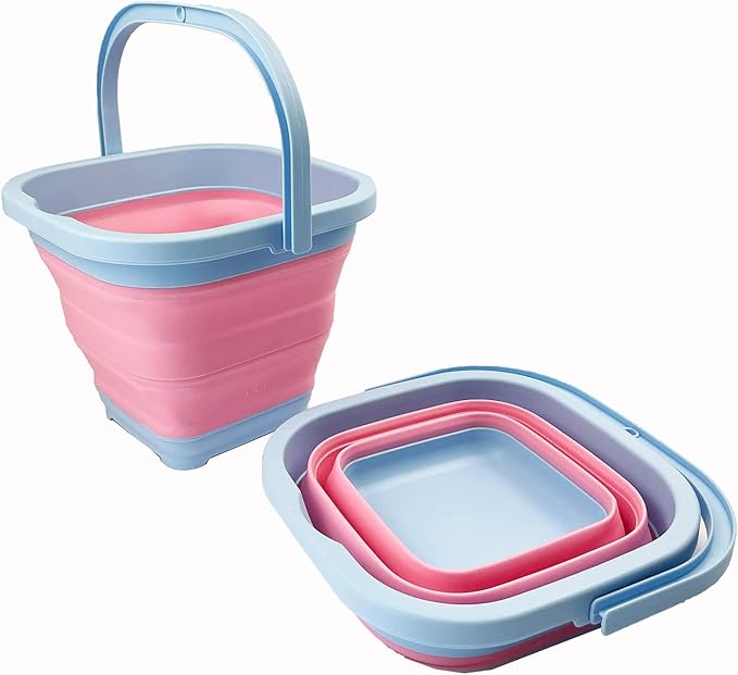 SAMMART Collapsible Rectangular Cleaning Bucket 5L (1.3 Gallon)- Foldable Camping Beach Sand Water Pot Pail- Portable Space Saving Tub for Household, Outdoor Washing (Cool Blue/Maglia Rosa (Set of 2))-NeatNest