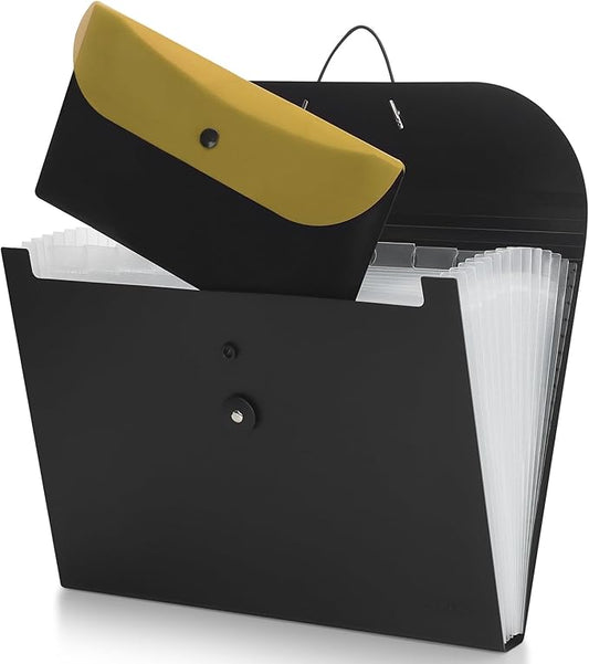 Uquelic Accordion File Organizer, Expanding File Folder with Detachable Pouch, File Folder Organizer Holds A4 Documents, Receipt, Tie-Closure Accordion Folder for Office, School, Travel(Yellow)