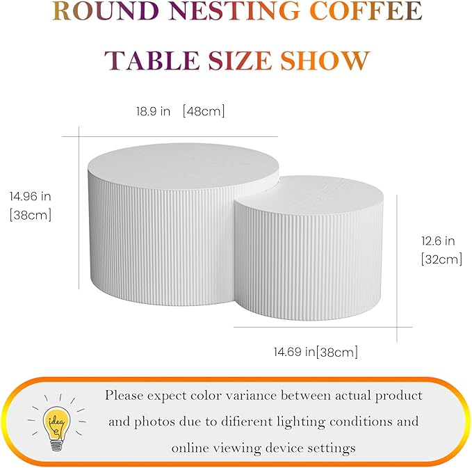 Modern Drum Coffee Table Set of 2 Stylish Minimalism Wave Stripe Fluted Nesting End Table - No Assemble, for Small Space (C-18.9IN+15IN)