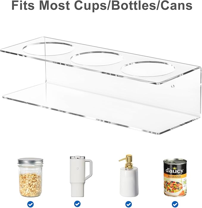 4 Pack Acrylic Water Bottle Holder, Wall Mounted Tumbler Organizer Rack, Cups/Bottles/Cans Holder Storage for Kitchen Pantry Cabinet