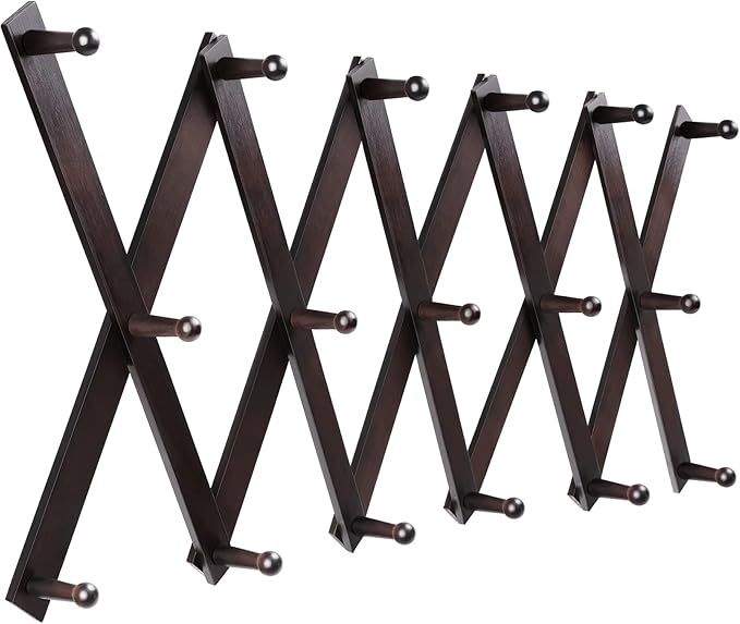 Homode Accordion Wall Hanger, Hat Hangers Wall Mounted, Wood Accordian Coat Rack with 17 Hooks, Expandable Peg Rack Wall Organizer for Hanging Baseball Caps, Hats, Purse, Coffee Cup, Bag, Walnut-NeatNest