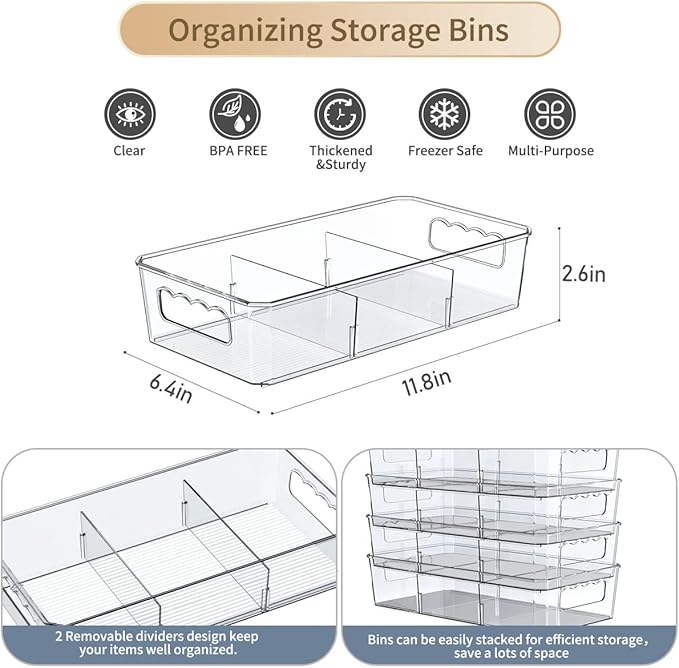 Clear Plastic Food Storage Organizer Bins,8 Pack Pantry Organizations and Storage Bins with Removable Dividers, Stackable Refrigerator Organizer Bins Fridge Organizers Kitchen Cabinet Organizers-NeatNest