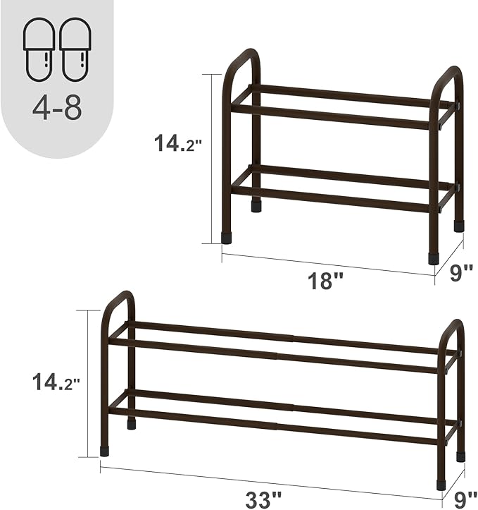 Expandable Shoe Rack, Adjustable Shoes Organizer Metal, Space-Saving Storage Shelf for Closet, Entryway, Front Door & Hallway,Sturdy and Easy Assembly (Brown, 2-Tier)