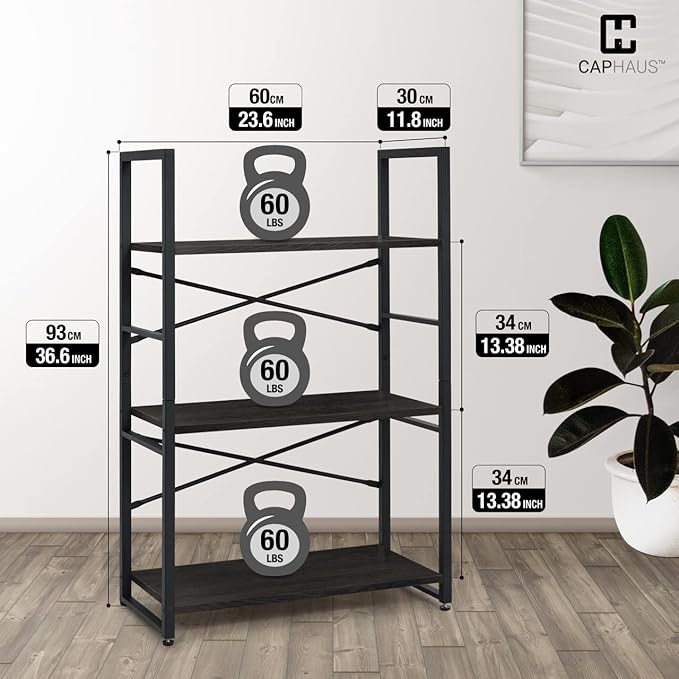 CAPHAUS 3 Tier Small Bookshelf, 24 Inch Width Free Standing Shelf, Bookcase Shelf Storage Organizer, Industrial Book Shelves for Home Office, Living Room, Black Shelves & Metal Frame-NeatNest