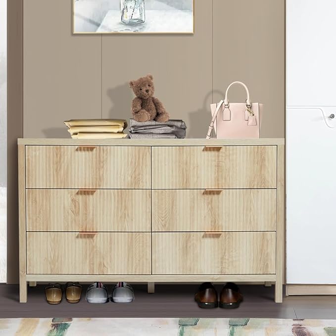 6 Drawer Dresser Cabinet, Long Nightstand with Drawers and Storage Cabinet, Boho Solid Wood Dresser TV Stand, Mid Century Modern Nightstand with 6 Drawer Dresser for Bedroom Closet (Natural)