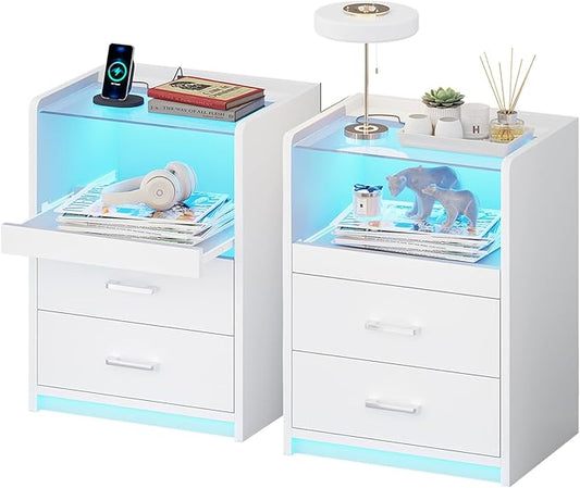 VIAGDO White Nightstand Set of 2 with Charging Station and LED Lights, 2 Drawers LED Night Stand with Tempered Glass Tabletop, Modern End Side Tables with Pull-Out Tray, Open Storage Bedside Tables