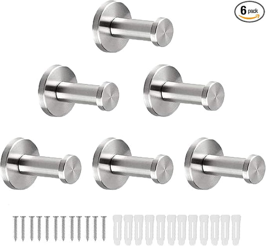 Bathroom Towel Hooks, 6 Pack Round Coat Hooks, Sturdy Wall Mounted Robe Hook, SUS 304 Stainless Steel Heavy Duty Clothes Hanger, Wall Towel Hooks for Bathroom Bedroom Kitchen (Brushed)