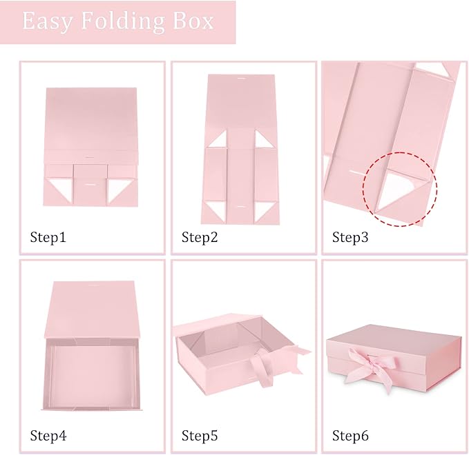 Gift Box with Lid for Presents 10.5x7.5x3.1 Inches with Ribbon and Magnetic Closure(5-Pack) (Pink)-NeatNest