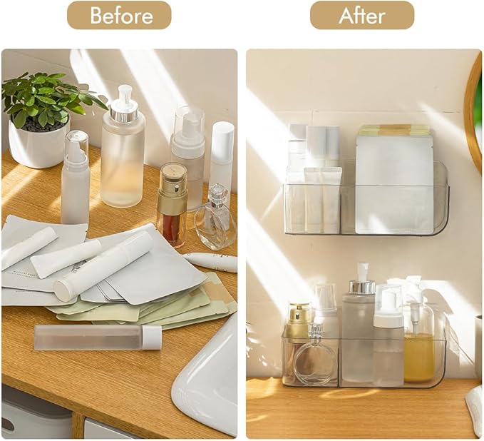 Poeland 2 Pack Wall Mount Storage Organizer, Clear Storage Box Holder Basket with 3 Compartments No Drilling Hang Walls/Doors for Kitchen, Cabinet, Bathroom, Bedroom, Office-NeatNest
