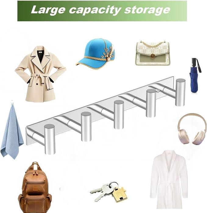 Wall Mounted Coat Rack-5 Hooks, Heavy Duty Stainless Steel Hook Rail for Towel Coat Hat Purse Bag Jacket, Towel Hooks for Entryway Bathroom Kitchen (Glossy 5 Hooks - 1 Pack)-NeatNest