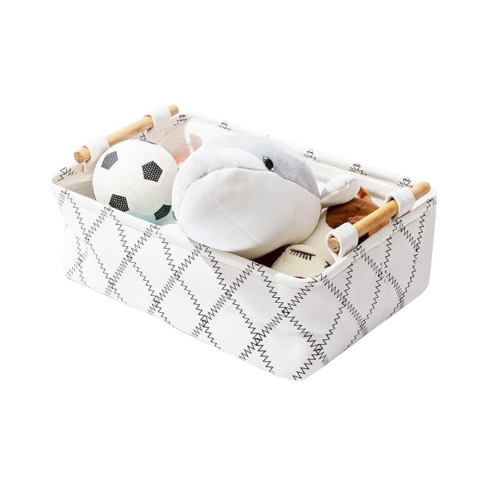 Decorative Collapsible Rectangular Fabric Storage Bin Organizer Basket with Wooden Handles for Clothes Storage,15.4x10.6x5.1 inch,White-NeatNest