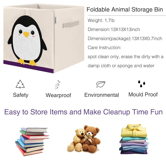 CLCROBD Foldable Animal Cube Storage Bins Fabric Toy Box/Chest/Organizer for Kids Nursery, 13 inch (Penguin)-NeatNest
