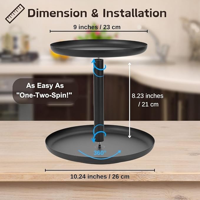 IBERG 2-Tier Metal Lazy Susan Organizer, Black, 9"&10" - Modern, Rotating Spice Organizer for Kitchen & Pantry