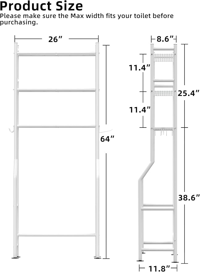 3-Tier Over The Toilet Storage, Freestanding Metal Bathroom Shelves with 4 Hooks, Over Toilet Storage Shelf with Paper Holder, Above The Toilet Shelf for Bathroom Storage, White-NeatNest