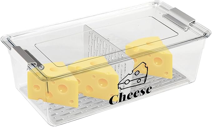 Cheese Container Airtight with Draining Basket Cream Block Cheese Sliced Cheeses Box with Lid for Fridge Shredded Saver 2 Compartment Deli Meat Storage Box,Cheeses Sliced,Grated,Cheddar Keeper-NeatNest