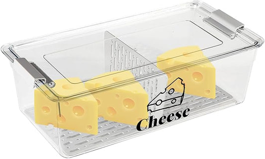 Cheese Container Airtight with Draining Basket Cream Block Cheese Sliced Cheeses Box with Lid for Fridge Shredded Saver 2 Compartment Deli Meat Storage Box,Cheeses Sliced,Grated,Cheddar Keeper-NeatNest