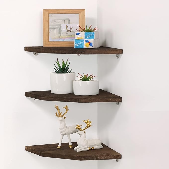 Joiishom Corner Wall Shelf Set of 3, Floating Corner Shelves, Rustic Wood Wall Storage Display Shelves for Living Room Bedroom Bathroom Kitchen (Fanshaped-Brown)-NeatNest
