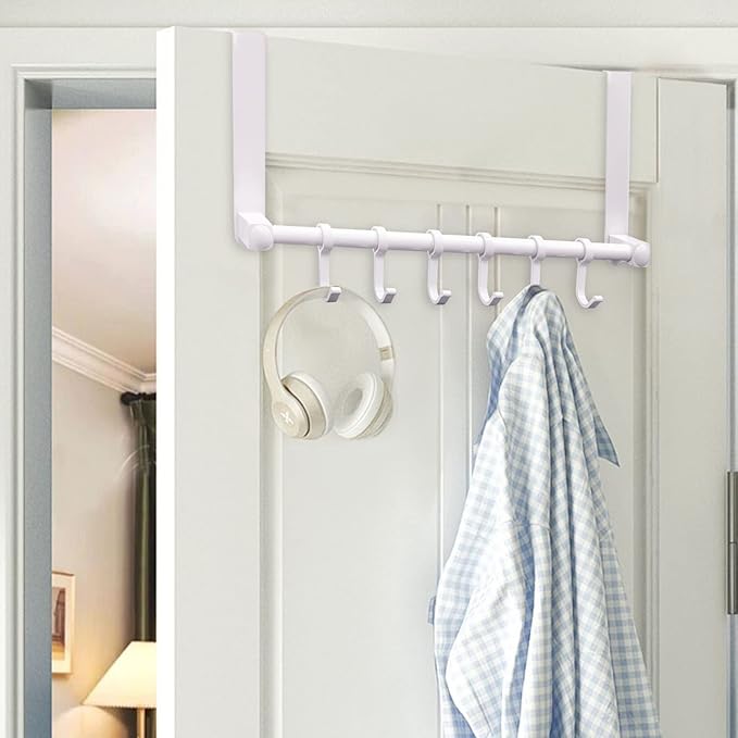 Over The Door Hooks Door Hanger, Moving 6-Hooks Over Door Coat Rack for Hanging, Aluminum Heavy Duty Door Organizer for Towel Robe Hat Bag, Behind Back of Door Bathroom (White)