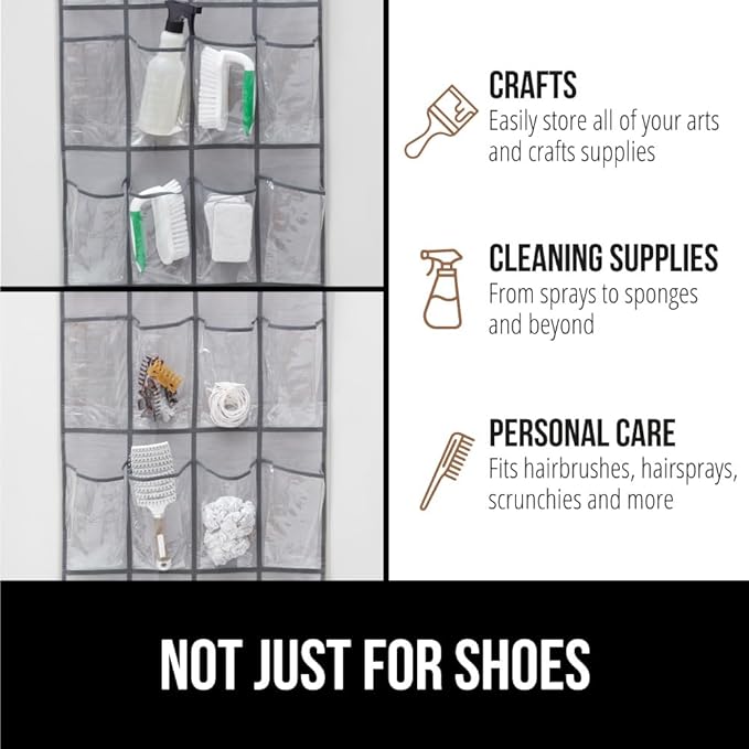 GORILLA GRIP Over the Door Shoe Organizer, 24 Large Breathable PVC Pockets, Space Saving Hanging Storage Holder, Closet Rack Hanger Holds Up to 40 lbs, Hangs on Closets for Shoes 2 Pack, Gray-NeatNest