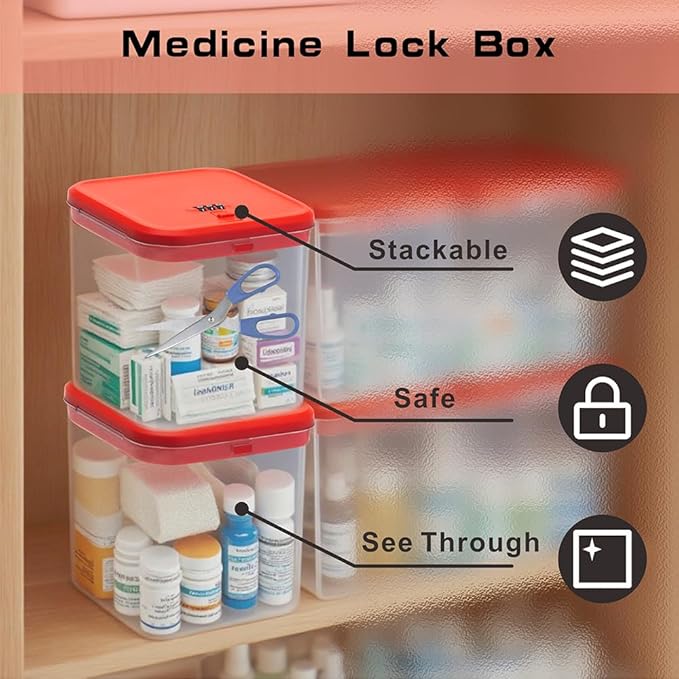 Clear Lockable Storage Box for Medicine Safe,Food Jar,Snacks,Phone - Secure Lock Box Refrigeator Container Bin Store Tank with Combination for Kitchen,Home,Office,Hospital (5.6×5.6×6.3 In) (Red)-NeatNest