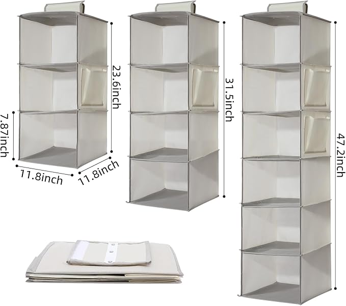 2 Packs Hanging Closet Organizer Storage, 3-Shelf Hanging Shelves for Closet, Closet Clothes Organizer and Storage with Side Pocket, Beige-NeatNest