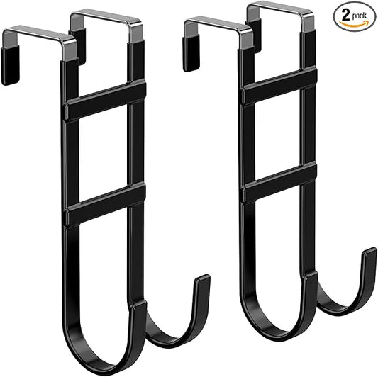 FYY Over The Door Hooks - 2 Pack Heavy Duty Dual-Hook Organizer Hanger with Non-Slip Rubber for Towels, Clothes, Hats & Bags Use in Bathroom, Bedroom, Kitchen - Fits Interior Doors Up to 1.6" Black-NeatNest
