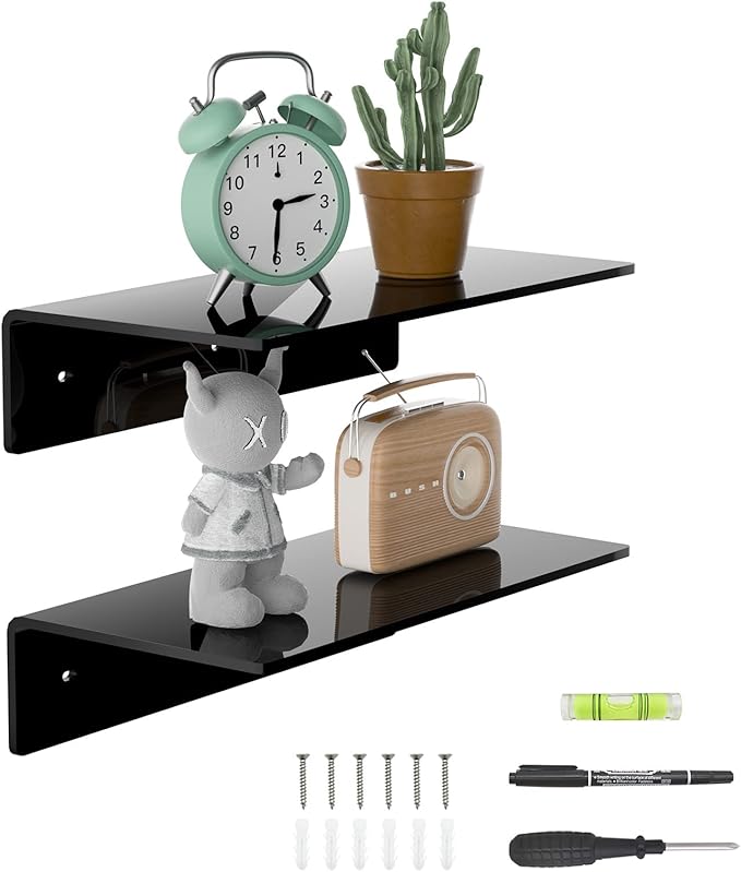 12 Inches Small Black Wall Shelves Set of 2, Acrylic Floating Shelf for Wall, Wall Mounted Display Shelf for Bedroom, Living Room, Funko Pop Shelves, Smart Speaker, 2 Pack-NeatNest