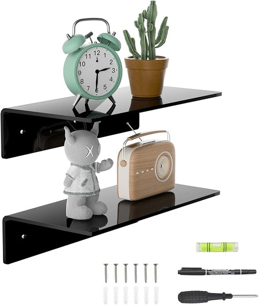 12 Inches Small Black Wall Shelves Set of 2, Acrylic Floating Shelf for Wall, Wall Mounted Display Shelf for Bedroom, Living Room, Funko Pop Shelves, Smart Speaker, 2 Pack-NeatNest