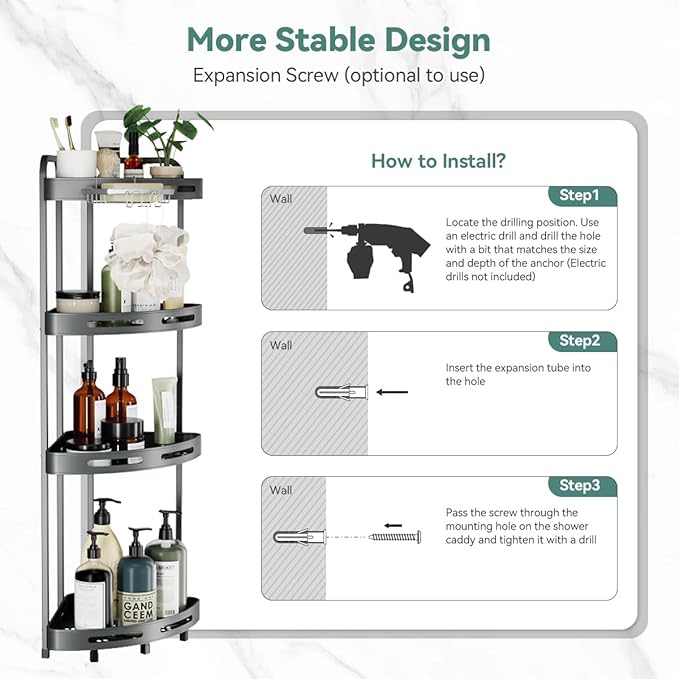 Corner Shower Caddy Stand, 4 Tier Rustproof Standing Shower Organizer with Soap Holder, Aluminum Shower Shelf for Bathroom Storage, Gray
