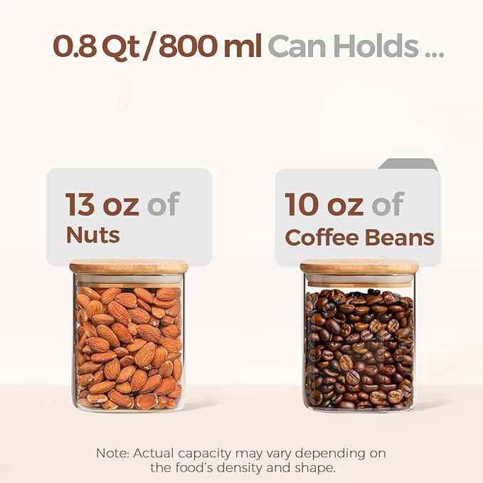 ComSaf 0.8 Qt Glass Food Storage Jars Set of 6, Clear Storage Containers with Airtight Lids, Pantry Organization Jar, Spice Jar, Blooming Tea, Oat, Coffee and Sugar Container, Canister Set for Kitchen-NeatNest