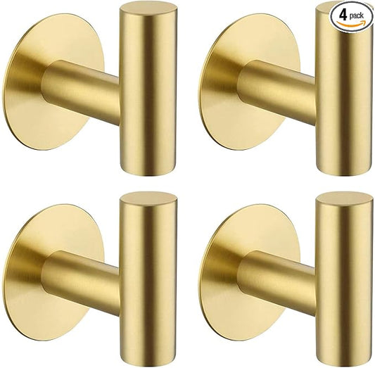 Adhesive Towel Hooks, Heavy Duty Wall Hooks Stainless Steel Waterproof Shower Towel Hooks - 4 Pack, Gold