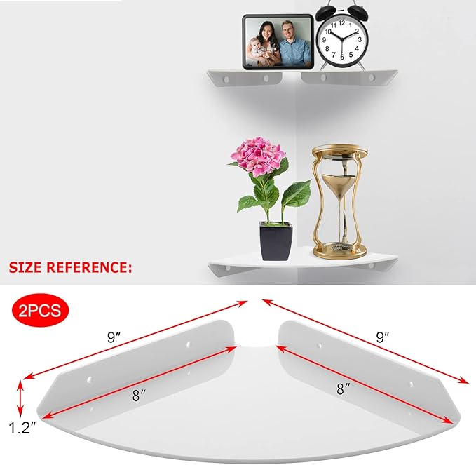 Cosmos 2 Pcs Acrylic Wall Mount Floating Corner Shelves Quarter Round Shower Shelf Hanging Corner Shelves Wall Storage Display Organizer for Bathroom Kitchen Bedroom Living Room (Solid White)-NeatNest