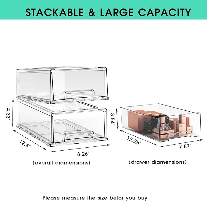 2 Pack Plastic Drawer Storage, Clear Stackable Storage Drawers Large Storage Bins with Drawers, Acrylic Drawer Organizer for Office Supplies, Desktop, Craft, Pantry, Shelves, Bathroom, Under Sink-NeatNest