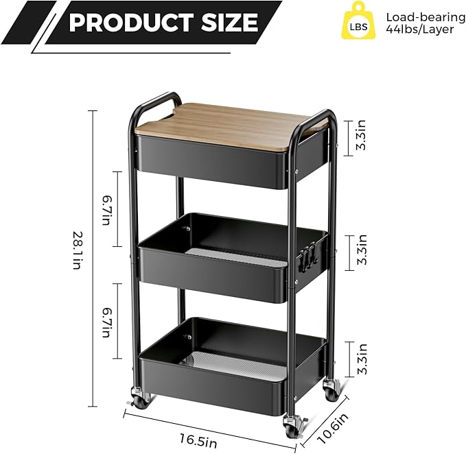 3 Tier Rolling Cart with Table top, Metal Utility Cart, Sturdy Storage Organizer Cart with Locking Wheels & Hooks for Office, Classroom, Kitchen and Bathroom-NeatNest