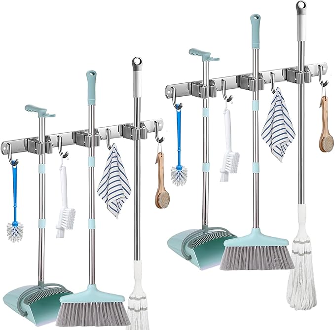 Mop and Broom Holder Wall Mount, Stainless Steel Broom Mop Hanger, Wall Mounted Garden Tool Rack Organizer for Garage Closet Laundry Room Kitchen Decor (3 Racks with 4 Hooks, Silver)-NeatNest